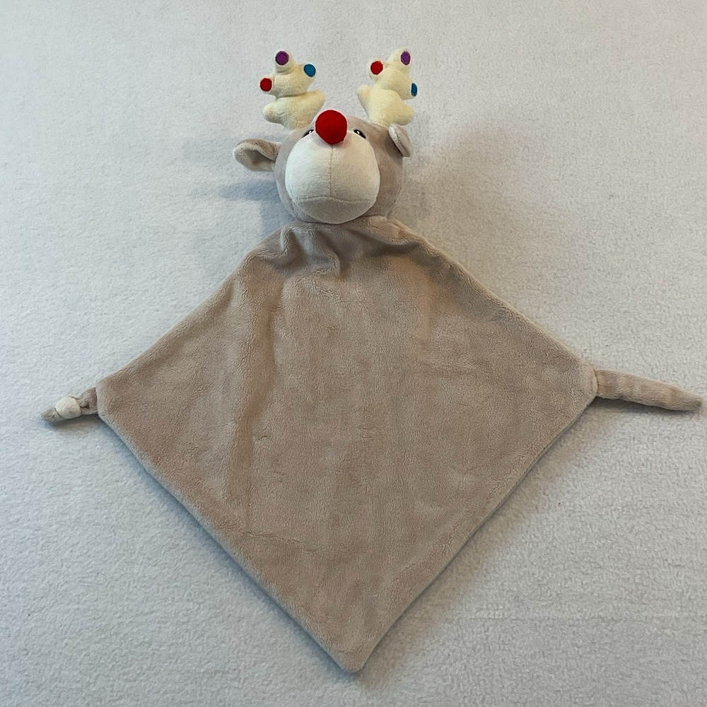 Cubbies Reindeer Lovey Tan Beige Red Nose Knotted Plush Baby Security Blanket